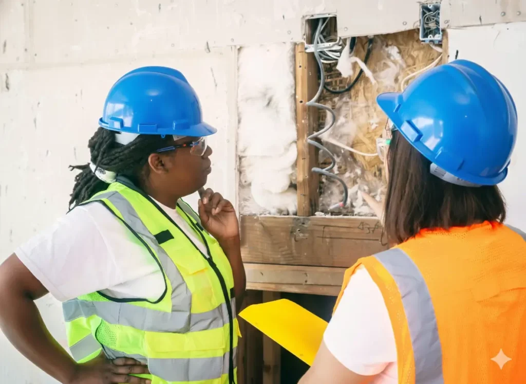 Two female inspectors with blue hard hats and maintenance vests issuing a Certificate of Compliance Cape Town